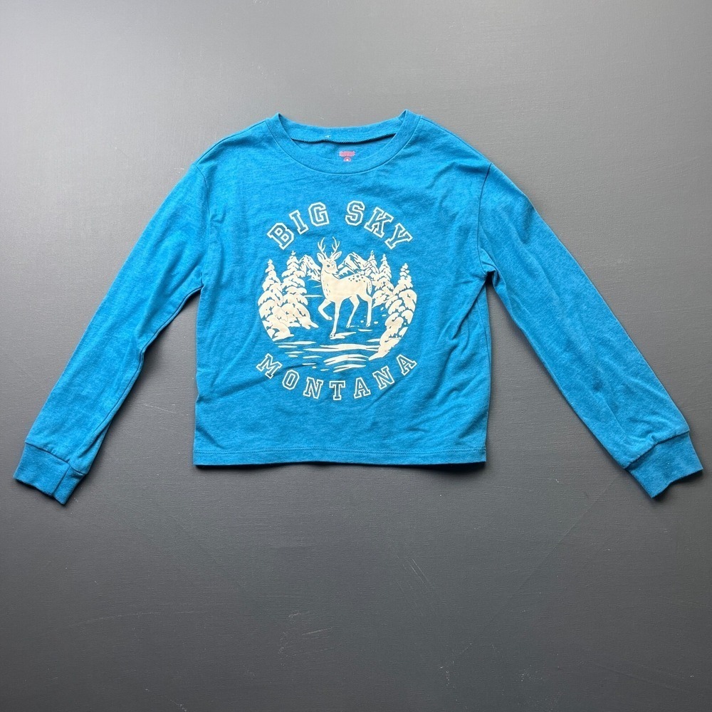 FabKids Unisex Kids Small 6/7 Blue Big Sky Montana Graphic Long Sleeve Shirt Tee